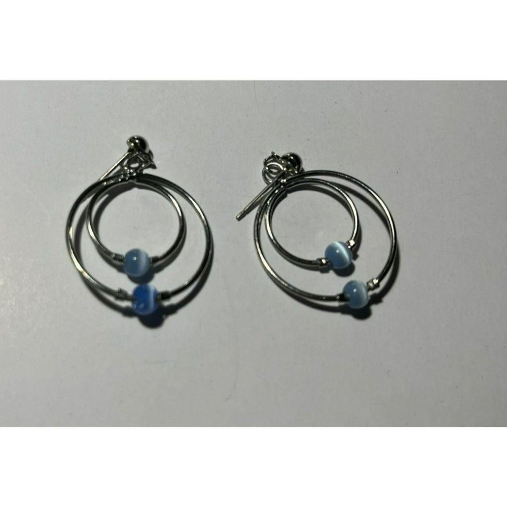 Double Hoop Earrings with Blue and White Bead Silver‎ Tone